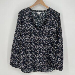 Garnet Hill Womens 100% Silk Floral Print Blouse Size 16 Navy Blue Long Sleeves